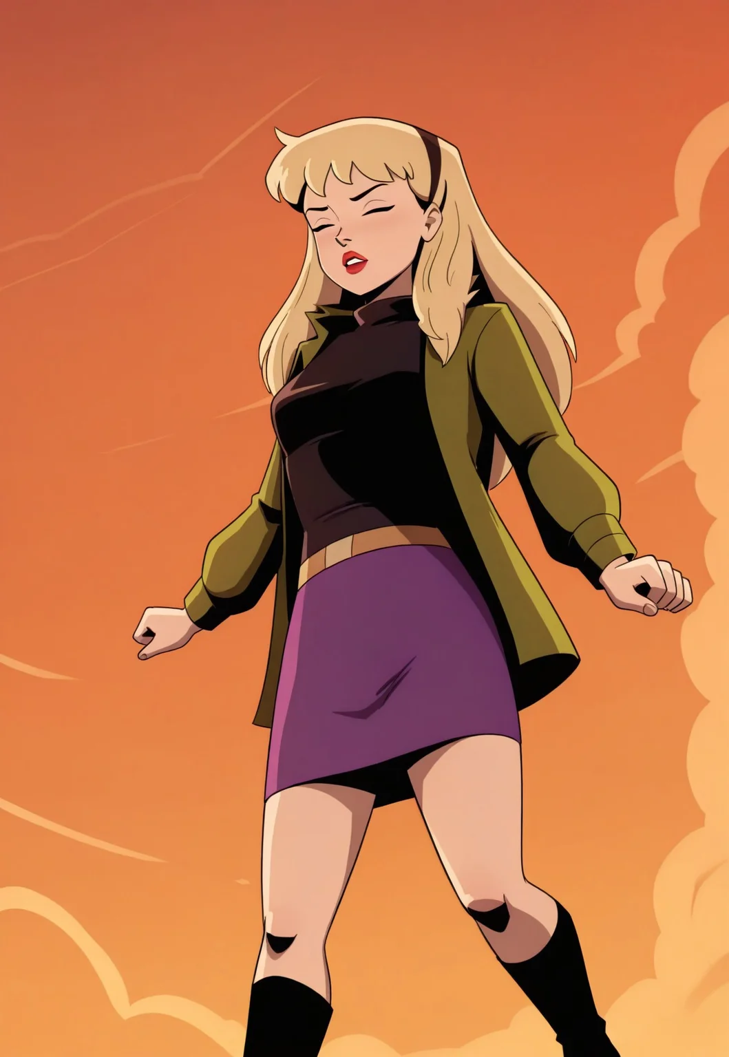 masterpiece, best quality, 32k, high resolution, absurdres, gwen stacy, red lips, open mouth, closed eyes, boots, purple skirt, 1980s (style), lipstick, parted lips, belt