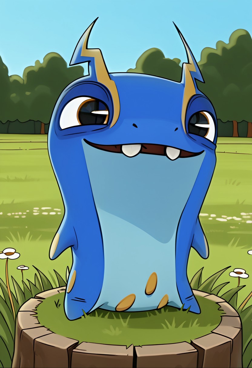 BREAK score_9, score_8_up, score_7_up, source_cartoon, joules_slug, slug, two-tone skin, light blue-blue, brown eyes, ray-shaped antennae, yellow rays, light blue chest, symbol on the stomach, grass, smile, (creativity:1.3), outdoors,