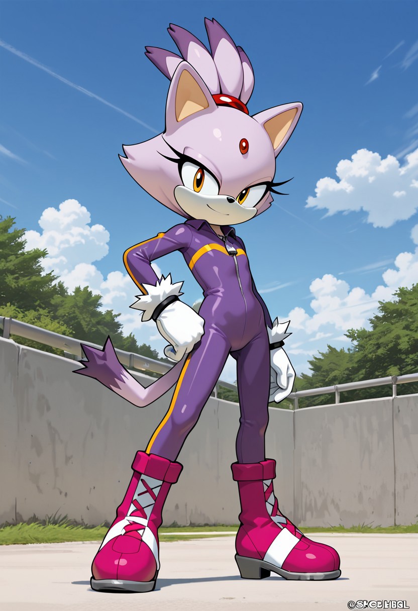 score_9, score_8_up, score_7_up, ASCII score_9, source_anime, 8K,best quality, hyper detailed,masterpiece, UHD,illustration, sky, blue sky,(Cover-style: 1.3), Detailed background, detailed background, outdoor, sky, cloud, wind, day, blaze the cat, 5outfit, 1girl, solo, gloves, tail, cat ears, furry female, animal ears, cat tail, furry, forehead jewel, cat girl, white gloves, hand on hip, zipper, topknot, standing, full body, animal nose, boots, bodysuit, looking at viewer, flat chest, hair tie, smile, closed mouth, short hair, pink footwear, body fur, 3d