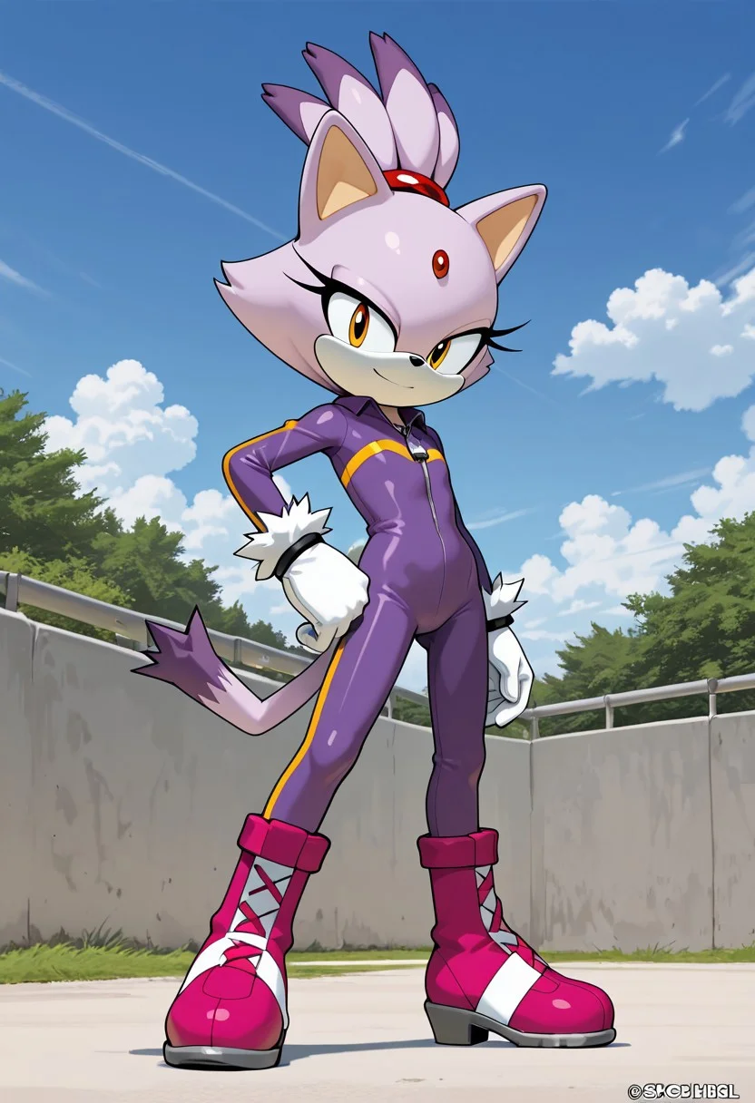 score_9, score_8_up, score_7_up, ASCII score_9, source_anime, 8K,best quality, hyper detailed,masterpiece, UHD,illustration, sky, blue sky,(Cover-style: 1.3), Detailed background, detailed background, outdoor, sky, cloud, wind, day, blaze the cat, 5outfit, 1girl, solo, gloves, tail, cat ears, furry female, animal ears, cat tail, furry, forehead jewel, cat girl, white gloves, hand on hip, zipper, topknot, standing, full body, animal nose, boots, bodysuit, looking at viewer, flat chest, hair tie, smile, closed mouth, short hair, pink footwear, body fur, 3d
