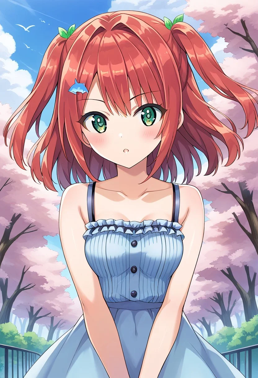 score 9, score 8 up, score 7 up, source anime, masterpiece, best quality, detailed eyes, detailed face, 1girl, solo, outdoors,
Kohari Sakimiya, green eyes, red hair, bangs, two side up, hair intakes, small breasts, hair ornament, ribbon