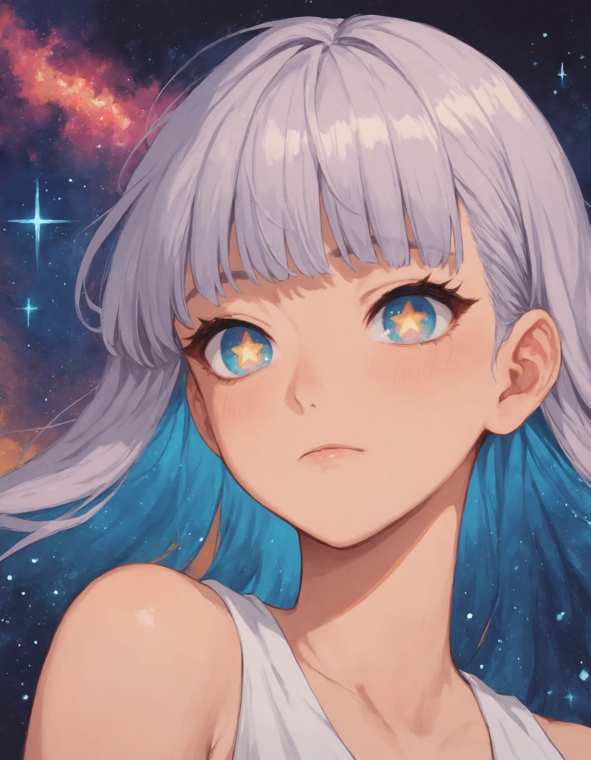 score_9, score_8_up, score_7_up, score_6_up, score_5_up, rating_questionable, source_anime, <lora:rain-style:1>, 1girl, portrait, galaxy pupils, close up, multicolored hair, fringe, bare shoulders