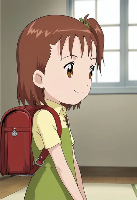 score_9, score_8_up, score_7_up, source_anime, anime screencap, masterpiece, best quality,
(1girl), jerikatou, ((solo, alone)), short petite, small body, flat chest, brown hair, side ponytail, brown eyes, green dress, smile, closed mouth, 
BREAK
(face to profile, body profile, side view, yellow collared shirt, red backpack, upper body) 
BREAK
(standing), indoor, bedroom, bed in back, window in back, carpet on the floor, window in back during the day.