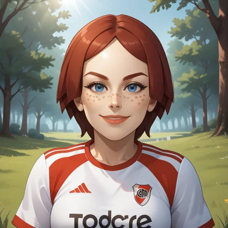 score_9, score_8, BREAK, solo, wii, mii, female mii, wii sports, 1girl, blue eyes, dark red hair, dark red eyebrows, lips, freckles, RiverPlate, striped shirt, striped, shirt, white shirt, short sleeves, clothes writing, sportswear, soccer uniform, nintendo mii, modern_mii, classic_mii, breasts, Giovanna_(Wii_Sports), adult female, mature female, sexy pose, self portrait, smile, outdoors, sunlight, shadows, evening lighting, natural lighting, forest, trees, grass, orange sky, sunset