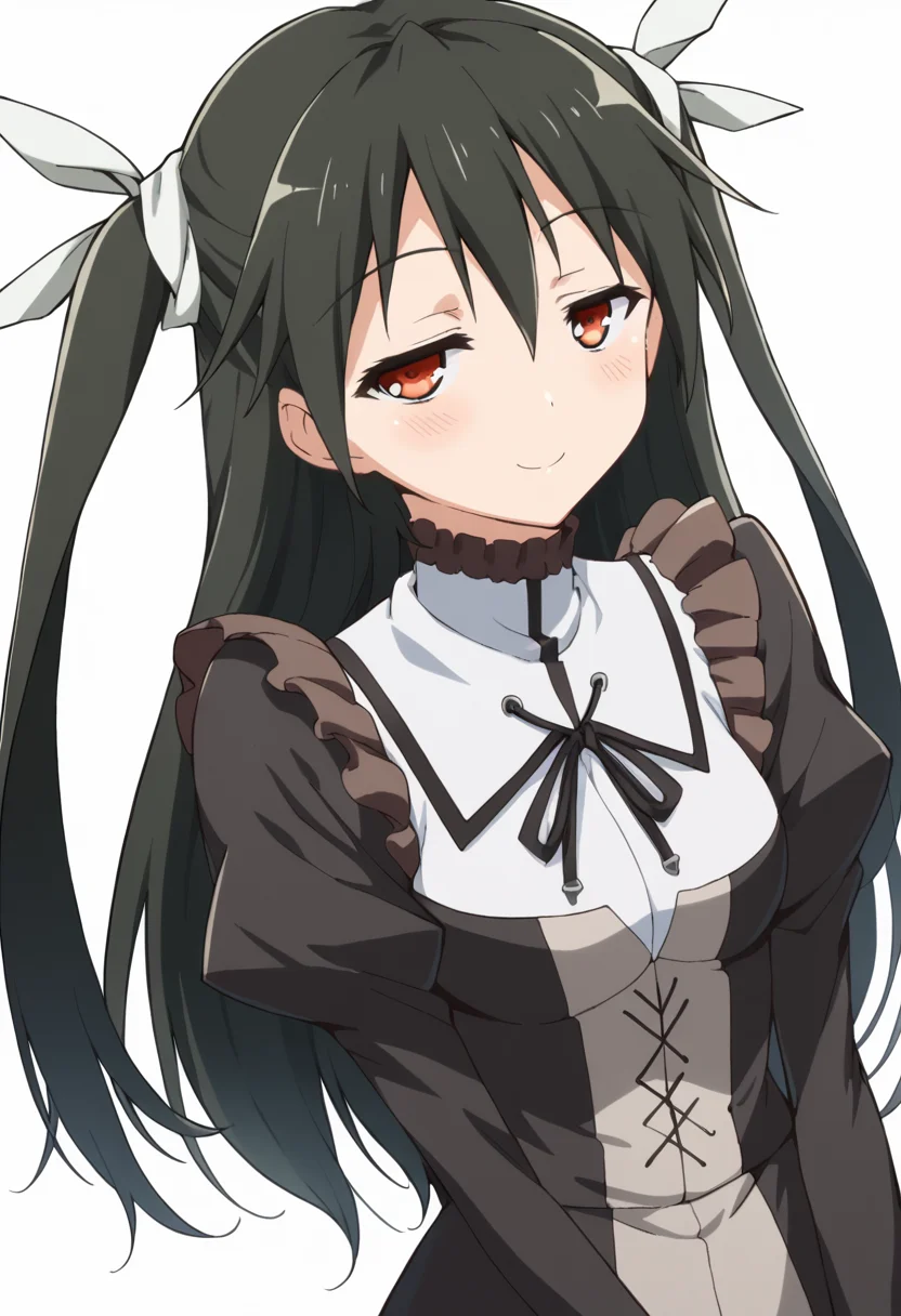score_9, score_8_up, score_7_up, source_anime, rating_safe,<lora:skanade_PONY-600007:1> skanade, 1girl, half-closed eyes, solo, two side up, long hair, hair ribbon, dress, blush, smile, looking at viewer, standing, cowboy shot, white background,