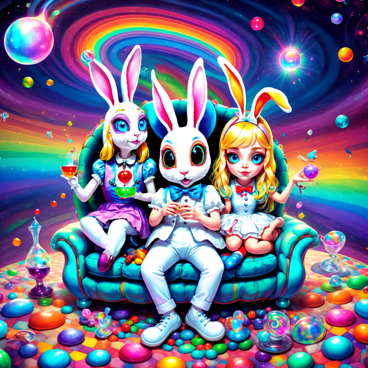 close up portrait,  (alice:1.2) in wonderland and the white rabbit, stoned on a sofa, candy on the floor, universe background, psychedelic rainbow, crazy eye,in style of(bangerooo:1.15), 2d,