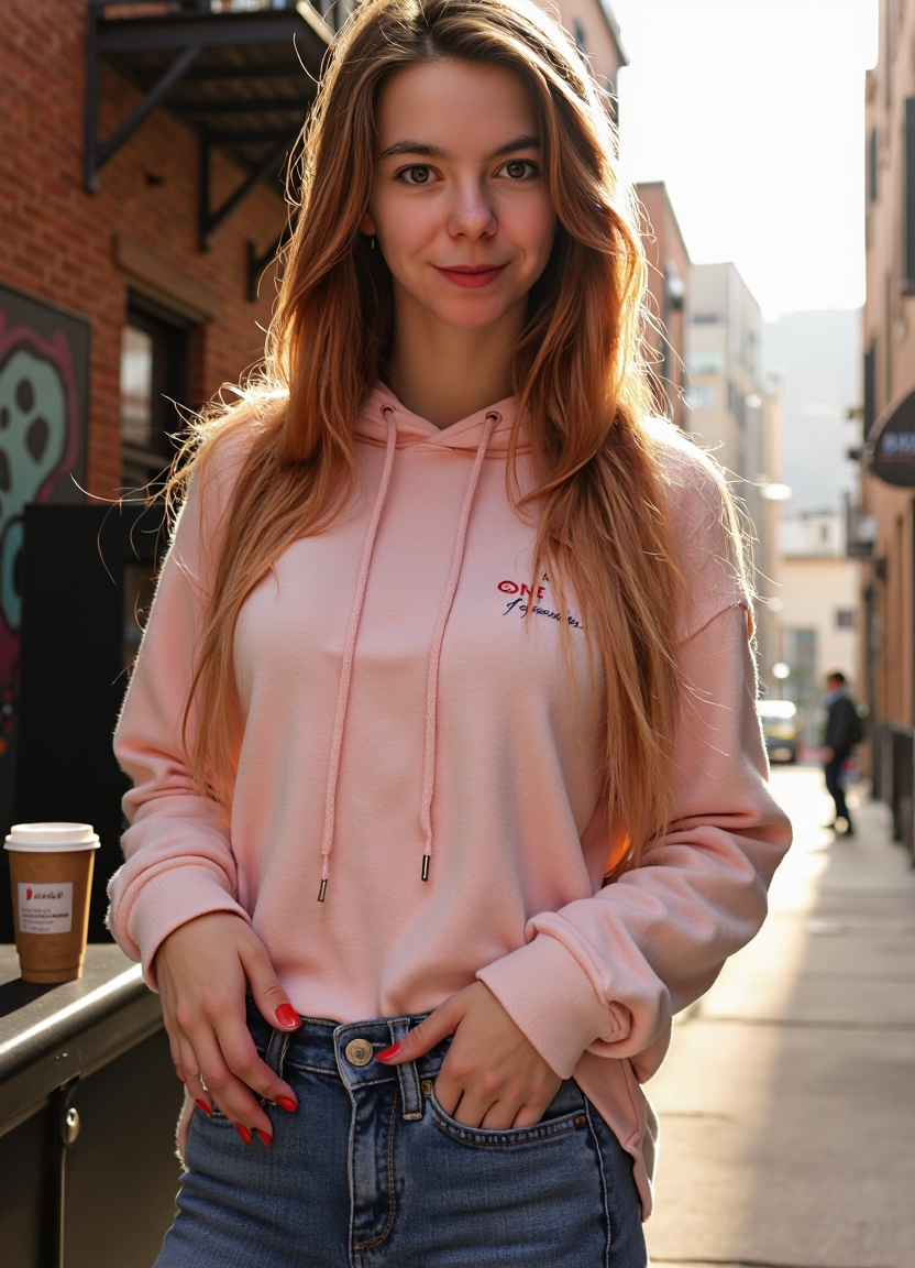 SFW, brightly lit, aidmaimageupgrader, A hyperrealistic close-up portrait of a woman wearing a soft, oversized hoodie and fitted high-waisted jeans, standing in an urban alleyway with warm golden sunlight filtering between the buildings. Her long, slightly tousled blonde hair falls naturally over her shoulders, a few strands catching the light. Her soft brown eyes are filled with quiet confidence, and her lips are curved into a faint, knowing smirk. She casually tugs at the edge of her hoodie sleeve, her relaxed posture enhancing her laid-back beauty. The blurred background features brick buildings with graffiti art, a coffee cup resting on a ledge nearby, and the faint outline of a bustling city in the distance. Ultra-detailed fabric textures, extreme realism in skin and hair, soft cinematic lighting enhancing depth and atmosphere.<lora:pony\Letha_Weapons_Pony_-_Adult_Actress_and_Model.safetensors:1.0:1.0> <lora:flux\custom\adult\lina-rose.safetensors:1.09:1.09> <lora:turbo-8-step-flux.safetensors:0.5:0.5> <lora:flux\style\Common\aidmaImageUprader-FLUX-v0.3.safetensors:0.25:0.25>