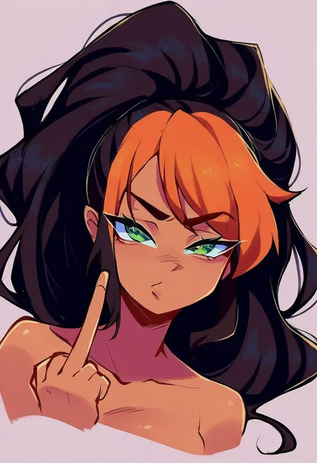 score_9, score_8_up, score_7_up, score_6_up, rating_safe, 1girl, trinity_(rastacakez), orange highlights, green eyes, dark-skinned female, looking at viewer, middle finger, bored, very up-close, portrait, simple background, solo, ponytail, long hair,
