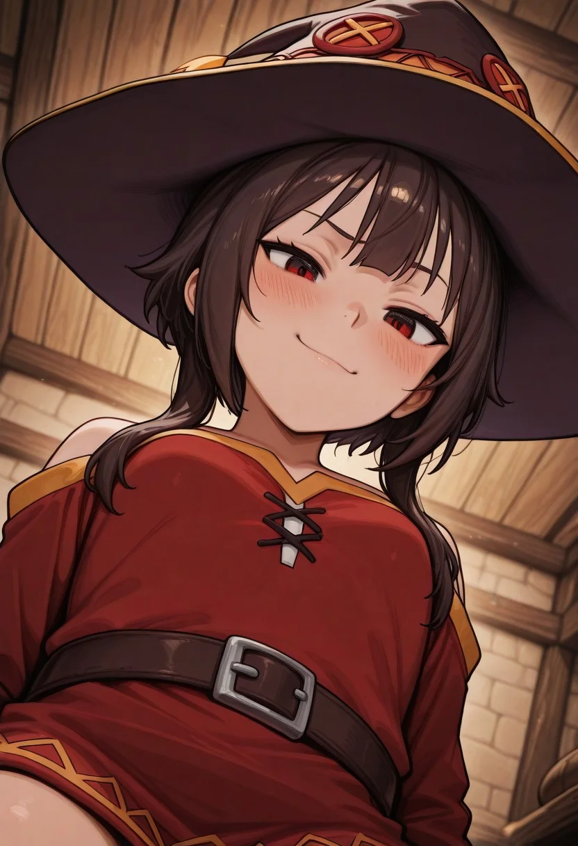 masterpiece, by piaki, best quality, very detailed,
1 girl, megumin, brown hair, witch hat, red dress,
Smug,
Indoors, tavern, cowboy shot, dutch angle, lap pov, lap pillow, from below, ceiling, looking down, pov, blush,
