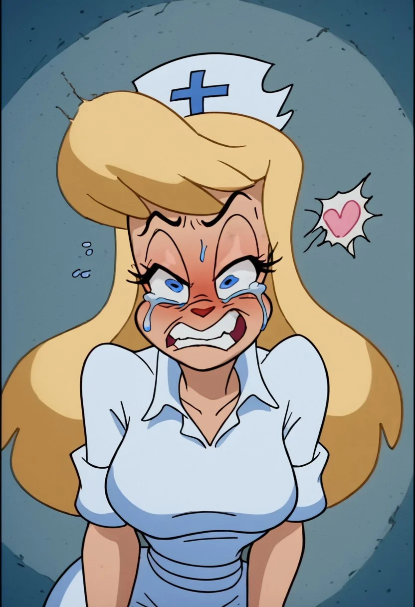 score_9, score_8_up, score_7_up, rating_questionable, zPDXL, 2d source_cartoon, (adult:1.2), facing the viewer, , horny, solo 1girl
<lora:Hello_Nurse_XL_Animaniacs:1> Heloise Nerz, 1girl, dirty messed burnt blonde hair, blue eyes, totally burnt hair, sexy, horny, crying, scared, in love, extremely dirty white dress, hardly beaten fifty times, confused, deeply humiliated face, depressed face, black eyes, circles under eyes, beaten by ninty boxers, broken heart, under arrest, broken arms, toothless face, no tooth, smashed teeth, crazy emotion, extremely violently beaten face, ten times more extremely violently beaten face, big deep shiners on both eyes, narrow waist
<lora:Expressive_H:1>
<lora:r3nst1mpyXLP:1> r3nst1mpy,aaa