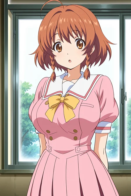 anime screencap, anime coloring, detailed face, masterpiece, best quality, very aesthetic, absurdres, volumetric lighting, official style, amazing quality, ultra detailed, highres, amazing quality, scenery, beautiful detailed hair, beautiful detailed eyes,
<lora:StS-Illustrious-Detail-Slider-v1.0:4>
<lora:Firika_Mia_Shatana_and_Sera_Mitra_Airun_Nuki_Doki_Tenshi_to_Akuma_no_Sakusei_Battle:0.8>
Nonoa Momose (character), 1girl, solo, ahoge, orange-brown hair, braid, pink school uniform, twin braids, brown eyes, breasts, short hair, :o, pen, yellow bow, large breast, window, cowoby shot, pleated skirt, looking at the viewer