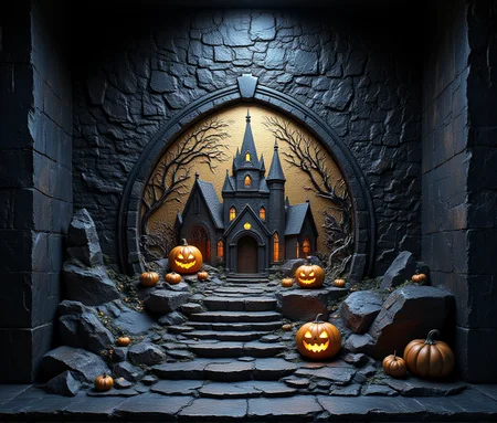 Relief art displaying a halloween. The relief is carved into a gothic stone wall with large smooth obsidian polished stones. Rays of light highlight the relief and add a dramatic effect.
The scene is a bit scary, a bit humours. Different layers and multiple highlights and accents in cyan create a depth in the scene. Tpyical halloween elements are the focus of the scene.
HD32K, hyperdetailed, best quality, Used colours gold, cyan and black.
aidmaHyperrealism aidmaMJ6.1