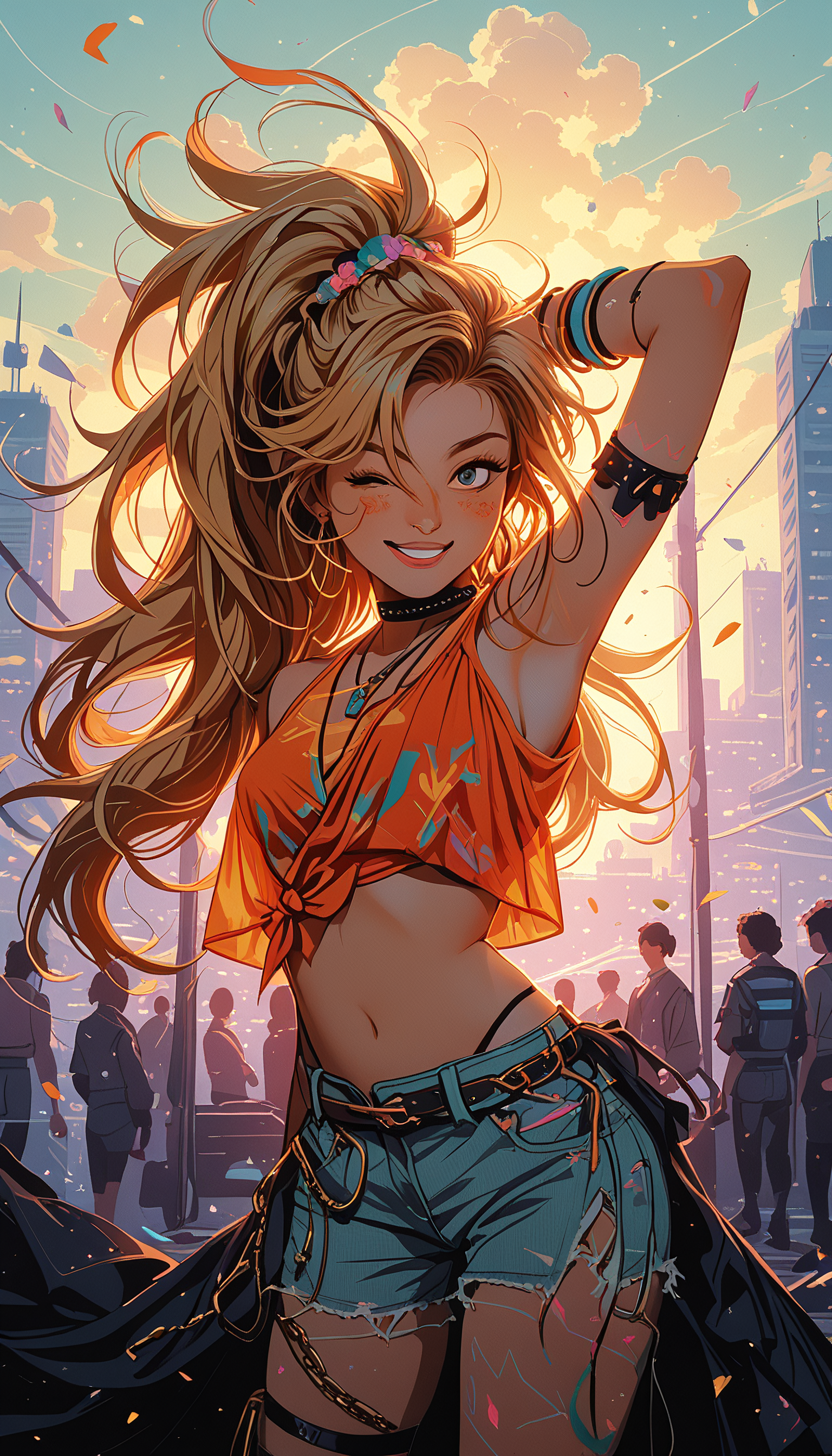 masterpiece, Shinkaistyle,
pinkretroanime, retro art,
Cyberpunk Style, cyberpunk, science fiction, hi tech, future tech, neon, (Cybernetics:1.25), (Neon Cityscape:1.4), (lineless:1.5), smooth edges, (lighten the face:1.5), tall body, slender body, fit body, long legs, This image features a vibrant anime-style artwork of a young female character with striking blue eyes and golden blonde hair styled into an updo adorned with what appears to be orange flowers or petals, possibly symbolizing her youthful or energetic nature. She has a cheerful expression on her face, suggesting she is enjoying the moment. Her outfit consists of an orange tank top paired with jean shorts and a choker necklace, which adds to her casual yet stylish appearance. Her right hand is gently placed on her hip while her left arm is raised in a wave-like motion, as if greeting someone or celebrating. The background is a bright, sunny day with fluffy white clouds, adding a cheerful and summery atmosphere to the scene. A large tree with lush green leaves can be seen behind her, providing a sense of depth and tranquility. The character's stance is dynamic, with one leg slightly lifted off the ground, conveying motion and liveliness. The overall color palette is warm, with predominant use of orange, yellow, and green tones that evoke feelings of joy and warmth. The lighting in the image suggests it might be late afternoon or early evening, given the soft glow on her face and the diffuse sunlight throughout the scene. The image does not contain any text or other identifiable elements beyond those described. The style of the artwork is characterized by its vivid colors, detailed shading, and fluid lines that create a sense of movement and energy. The character's position in the center of the frame draws the viewer's attention immediately to her, highlighting her as the focal point of this composition., 1girl, solo, long hair, breasts, looking at viewer, blush, smile, open mouth, bangs, blue eyes, multiple girls, blonde hair, shirt, hair ornament, navel, bare shoulders, jewelry, medium breasts, very long hair, underwear, standing, collarbone, panties, ponytail, thighs, earrings, small breasts, outdoors, one eye closed, sky, shorts, teeth, sleeveless, solo focus, choker, day, midriff, belt, cloud, dark skin, armpits, necklace, stomach, grin, blurry, vest, arm up, collar, bracelet, official alternate costume, dark-skinned female, crop top, torn clothes, black panties, short shorts, sleeveless shirt, tattoo, thigh strap, floating hair, chain, halterneck, highleg, wavy hair, black choker, sunlight, scrunchie, ;d, feathers, high ponytail, denim, red shirt, armband, armlet, hair scrunchie, backlighting, thong, arm behind head, contrapposto, blue shorts, denim shorts, hand in own hair, sunset, ;\), hoop earrings, white shorts, highleg panties, confetti, tied shirt, arm strap, crop top overhang, cutoffs, orange shirt, crowd, people, panty straps