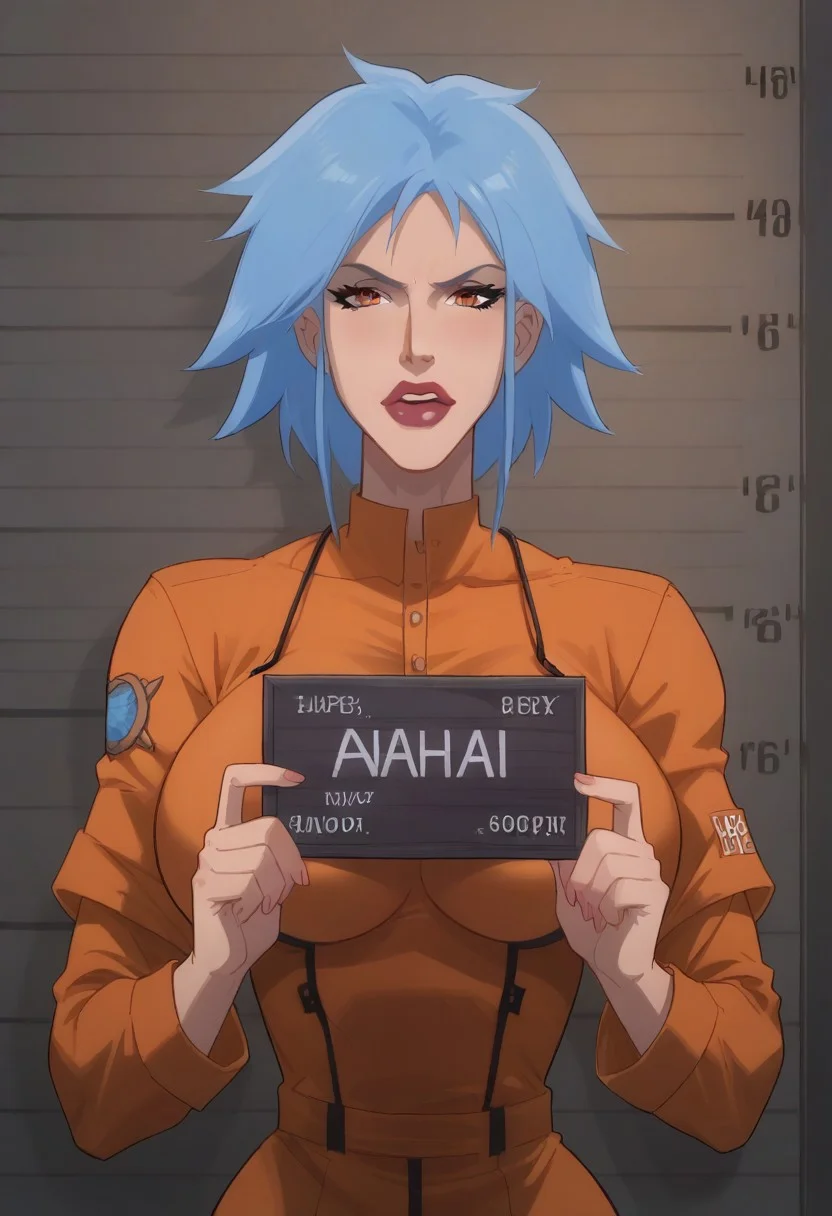 score_9, score_8_up, score_7_up, 4k, best quality, masterpiece, perfect body, perfect eyes, perfect hands,
mature_female, MILF, voluptuous body,
BREAK
killerfrost, 1girl, solo, blue hair, breasts, short hair, orange jumpsuit, prison uniform, shame,
BREAK
<lora:barbie-mugshot-ponyxl-lora-nochekaiser:1> barbie mugshot, barbie mugshot (meme) height mark, holding sign, nameplate, height chart, sign, meme,
BREAK
cowboy shot, dutch angle