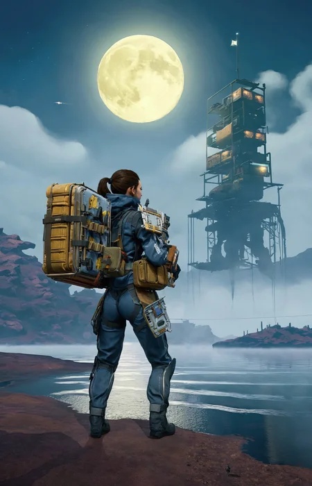 a lovely fascinated girl carries a sizable cargo while wielding a firearm, encapsulating the game's unique blend of isolation and combat., a vast, A moonlit lake, with fog rolling over the water and mysterious shapes beneath the surface sky ,moon just appeared ,Command base in background, a girl wearing with armor,weapon, headgear,motocycle bpk, backpacker, <lora:BPKXLV1-000003:0.8>
