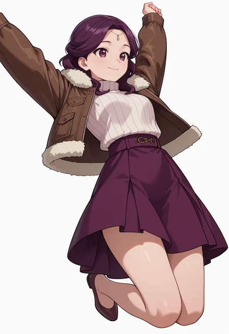 Smooth Quality,masterpiece,very intricate, high quality details, ultra realistic, high detailed skin,detailed enviorement,absurdres,
partially undressed,
<lora:Yinghua_CNR:0.8> yinghuacnr, purple hair, purple eyes,, simple background, white background, dutch angle,
jumping, arms open, legs bent, smiling, midair, ,lonely,, turtleneck sweater, ,fur-trimmed jacket, ,godet skirt, ,
