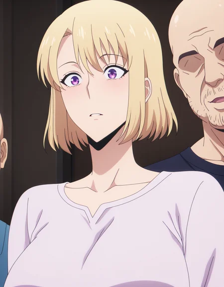 masterpiece, best quality, amazing quality,, <lora:hae-in-cha-s1s2-illustriousxl-lora-nochekaiser:1>, hae-in cha, short hair, blonde hair, purple eyes, mature female, breasts, anime screencap, <lora:faceless-ugly-man-illustriousxl-lora-nochekaiser:1>, faceless ugly man, faceless, ugly man, fat, faceless male, fat, bald, mature male,,