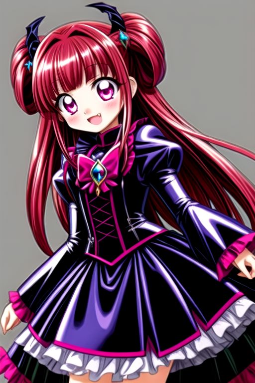 Bad_End_Precure, DarkPrecure, corrupted princess wearing dark pastel (ruffled:1) (gleaming latex:1) gown with (latex vampire cloak:1) and (long frilly wide sleeves), soft lighting, ruffles, (cute little fang:1)
(vmpr:1),
<lora:more_details:1>,