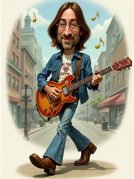 Animated caricature of John Lennon: full-body view of Lennon walking forward with a relaxed posture holding a guitar. His facial features are exaggeratedâlarge round glasses magnifying his expressive eyes, a long thin nose, and a narrow mouth framed by a slight smile. He has straight, medium-length brown hair parted in the middle and a sparse beard and mustache. He wears a denim jacket over a "New York City" t-shirt, flared jeans, and worn brown boots. The background features a stylized cityscape with peace signs and musical notes floating around him. <lora:3d_caricature_Strong:0.8>