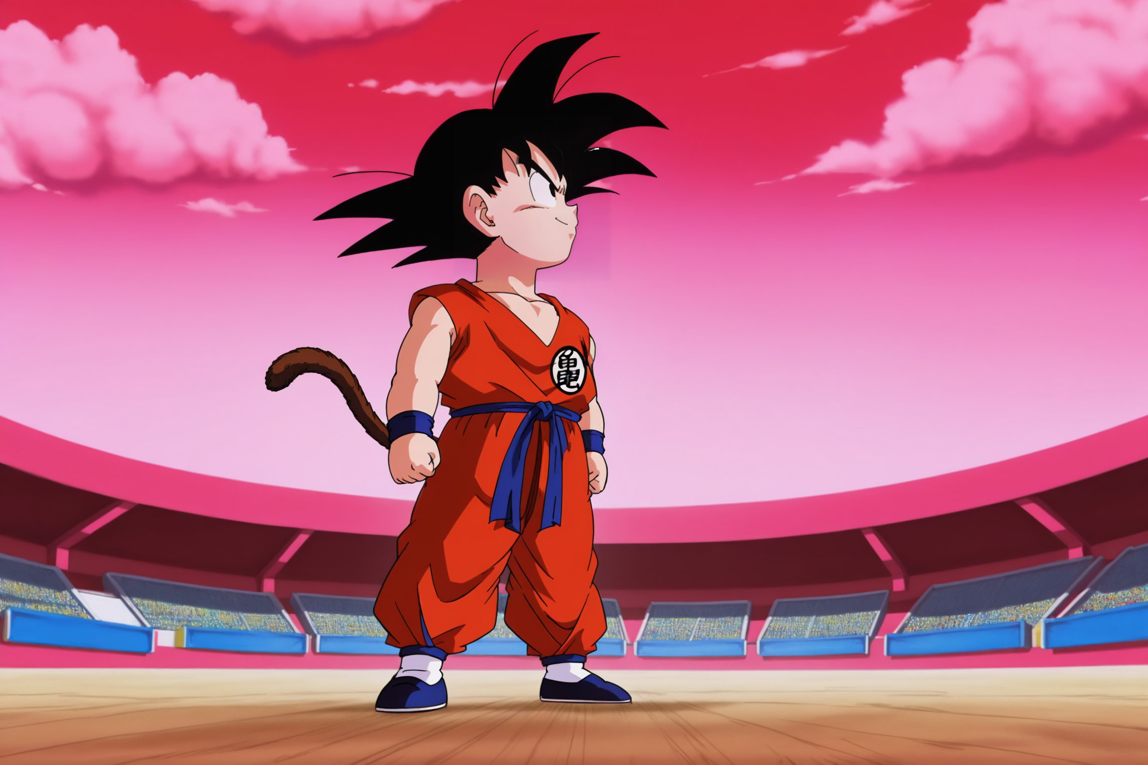 anime screencap, masterpiece, best quality, amazing quality, very aesthetic, absurdres,  newest, official style,
son goku, child, anime coloring, solo, smile, black hair, 1boy, closed mouth, standing, collarbone, tail, full body, male focus, outdoors, sky, pants, cloud, black footwear, black eyes, profile, cloudy sky, looking up, spiked hair, wristband, clothes writing, clenched hands, sunset, blue footwear, looking afar, dougi, gradient sky, orange sky, monkey tail, red sky, purple sky, black wristband, yellow sky, pink sky, v-shaped eyebrows, white legwear, symbol, red topwear, red pants, serious, print topwear, looking at another, blue wristband, blue sash, shoes, male child, arena, sleeveless
 <lora:SonGoku_IL:0.8>