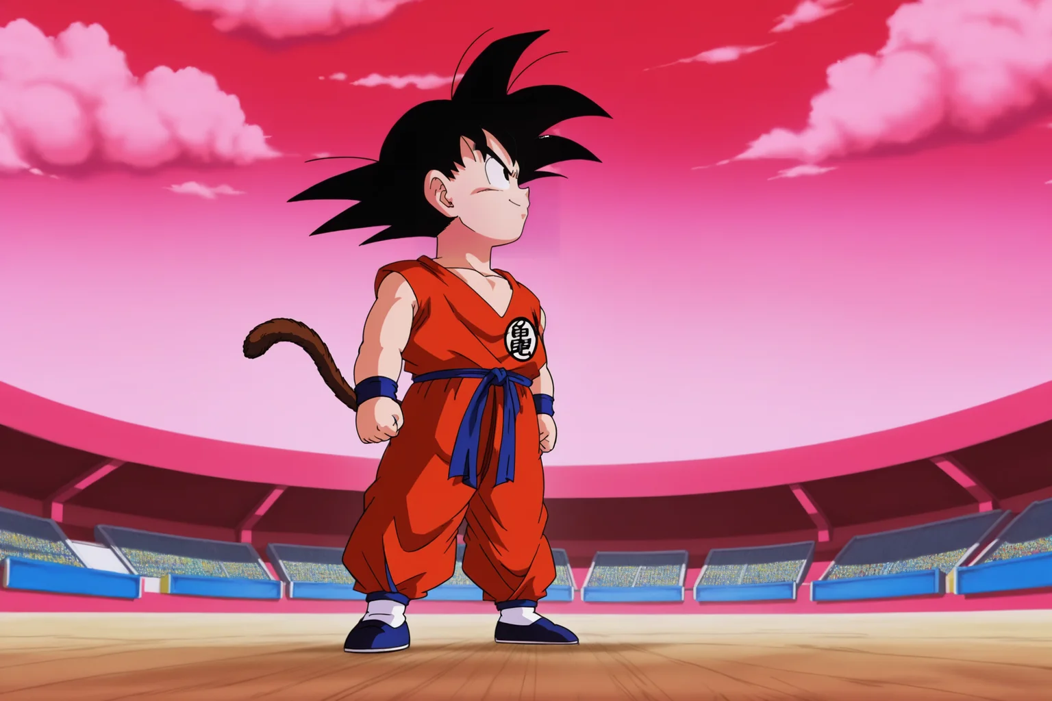 anime screencap, masterpiece, best quality, amazing quality, very aesthetic, absurdres, newest, official style,
son goku, child, anime coloring, solo, smile, black hair, 1boy, closed mouth, standing, collarbone, tail, full body, male focus, outdoors, sky, pants, cloud, black footwear, black eyes, profile, cloudy sky, looking up, spiked hair, wristband, clothes writing, clenched hands, sunset, blue footwear, looking afar, dougi, gradient sky, orange sky, monkey tail, red sky, purple sky, black wristband, yellow sky, pink sky, v-shaped eyebrows, white legwear, symbol, red topwear, red pants, serious, print topwear, looking at another, blue wristband, blue sash, shoes, male child, arena, sleeveless
<lora:SonGoku_IL:0.8>