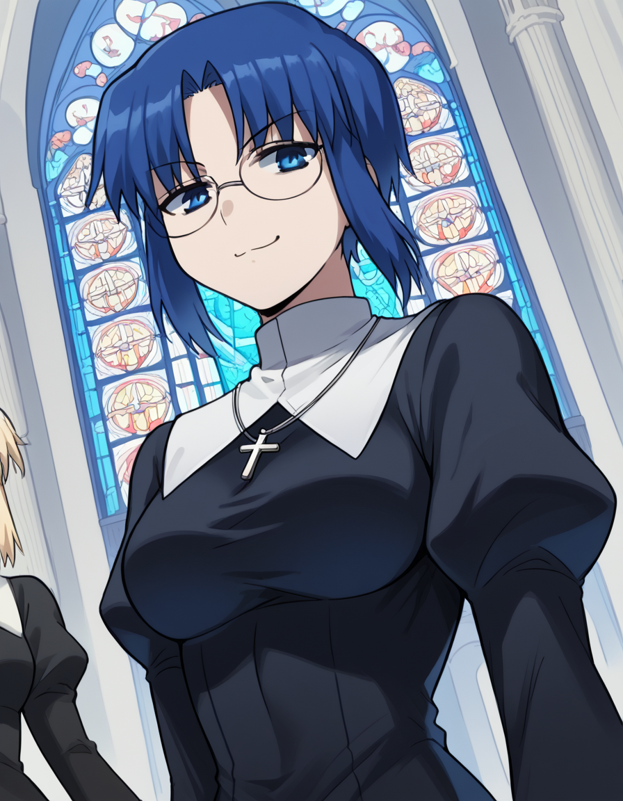 score_9, score_8_up, score_7_up, source_anime, <lora:carnivalphantasm-ciel-ova-ponyxl-lora-nochekaiser:1>, ciel, short hair, blue hair, blue eyes, glasses, ciel (tsukihime), large breasts,, <lora:traditional-nun-ponyxl-lora-nochekaiser:1>, traditional nun, nun, habit, long sleeves, dress, black dress, jewelry, black veil, cross, cross necklace,, church, smug, praying,, , dutch angle, cowboy shot