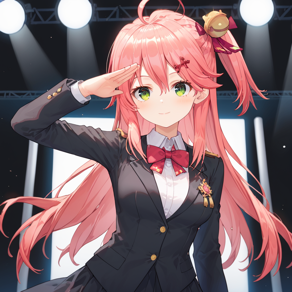 score_9,score_8_up,score_7_up,source_anime,high res image,masterpiece,best quality,woman,cute face,clear skin,shiny hair,ultra detailed eyes,1girl,<lora:Sakura_Miko_ãããã¿ã_hololiveVtube-000004:0.8>,Miko_nml,pink hair,pink hair,ahoge,long hair,one side up,cowboy shot,<lora:cnv3mdde878c738thn20:0.8>,suit,tuxedo,salute,stage,