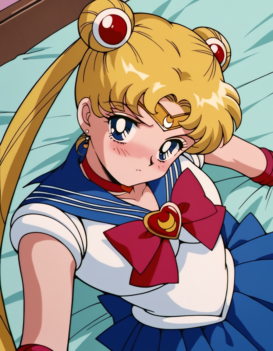 score_9, score_8_up, score_7_up, source_anime, <lora:usagi-tsukino-s3-ponyxl-lora-nochekaiser:1>, usagi tsukino, blonde hair, blue eyes, double bun, hair bun, hair ornament, long hair, twintails, circlet, parted bangs,, back bow, blue sailor collar, blue skirt, bow, brooch, choker, crescent moon, elbow gloves, gloves, jewelry, magical girl, pleated skirt, red bow, red choker, ribbon, sailor collar, sailor senshi uniform, skirt, white gloves,, indoors, bed, bed room, on side, blush, drunk, looking at viewer, solo,, cowboy shot, dutch angle