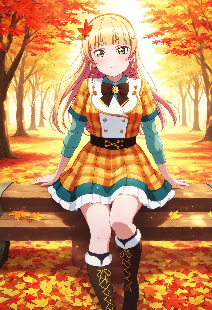 masterpiece, best quality, solo, 1girl, aged up, happy, 
 heanna_sumire, sumire_heanna, long hair, bangs, blonde hair, green eyes, blunt bangs, hairband, orange hairband, autumn-themed idol outfit, plaid dress with layered sleeves, bow brooch, knee-high boots, maple leaf hairpin, stage in a golden forest, soft light filtering through red and orange leaves, peaceful and warm aura, gentle smile with sparkly eyes