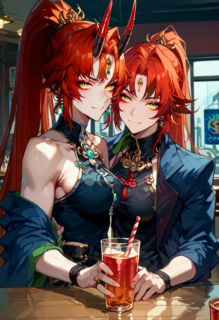 score_9, score_8_up, score_7_up, score_6_up, score_5_up, red hair, streaked hair, golden eyes, long hair ponytail,  necklace, breasts, looking at viewer, ponytail, large breasts, oni, demon queen, demon lord, black demon tail, happy, friendly, very muscular, short hairs, bodybuilder, red and black horns, spiky horns,  negative_hand, blue jacket, short pants, necklace, tank top, sandals, (drinking green soda using a straw at restaurant), (put a glass in her hand),  (symmetrical composition:1.3), (drink non elegantly, bad posture),(sitting by the window), (hold the glass vertically:1.3), (drink with a straw), (blush cheeks:0.8), (shallow DoF:1.35), (front of face), feet on table