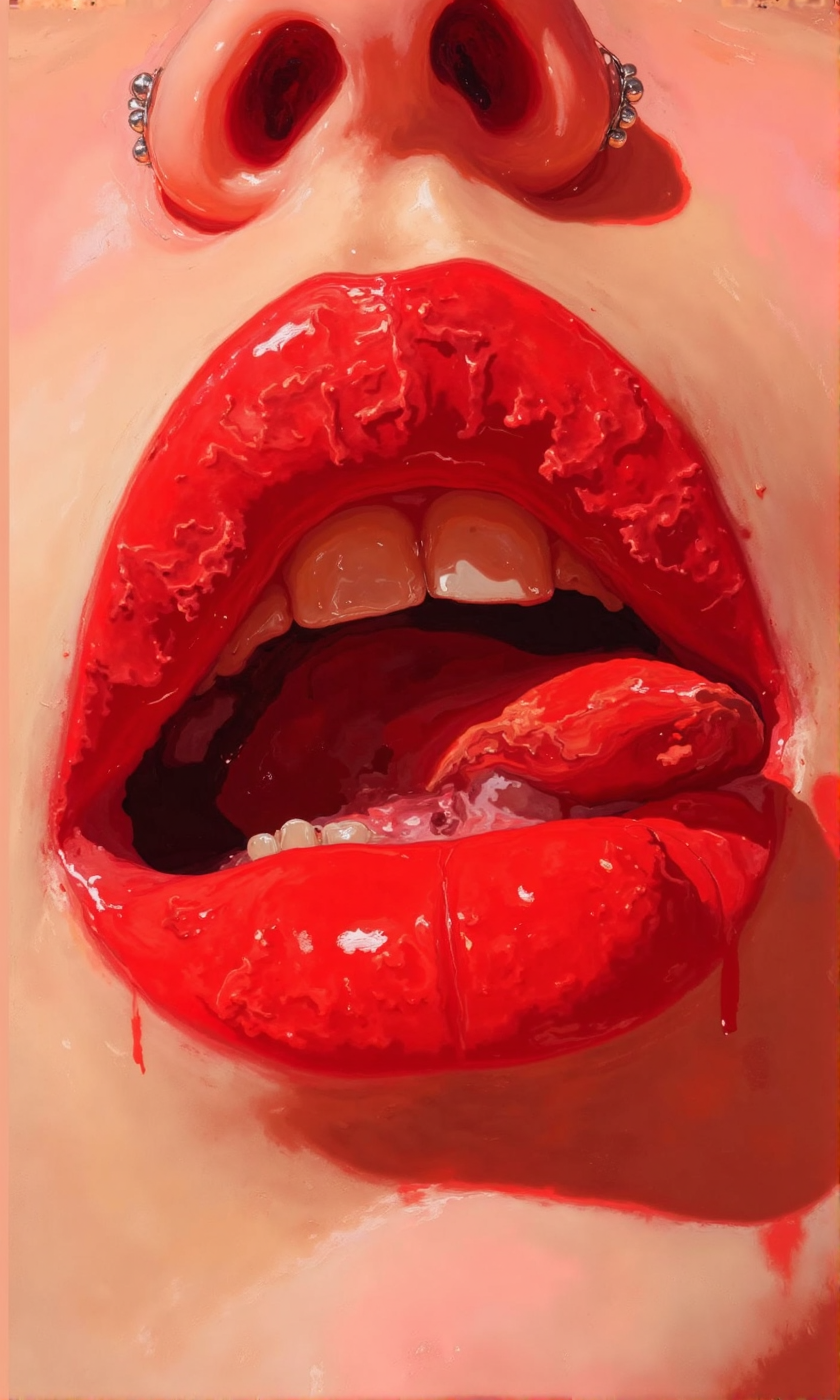 Close-up of a person's lips and tongue. 
The lips are a vibrant, glossy red, with a textured appearance that suggests a slightly uneven or "painted-on" application.  The texture seems to be intentional stylistic choice not an imperfection. 
The tongue is also a vibrant, reddish hue, and it's partially extended out of the mouth, with some slight variations in shade suggesting different light and shadow areas. 
Teeth are visible, white and appear clean, within the parted lips. 
The skin tone around the mouth is a light peachy, neutral color. 
A pair of silver or pearl-colored double-earrings are visible just above the upper lip., <lora:FLUX-daubrez-DB4RZ-v2:1> DB4RZ, DB4RZ style painting