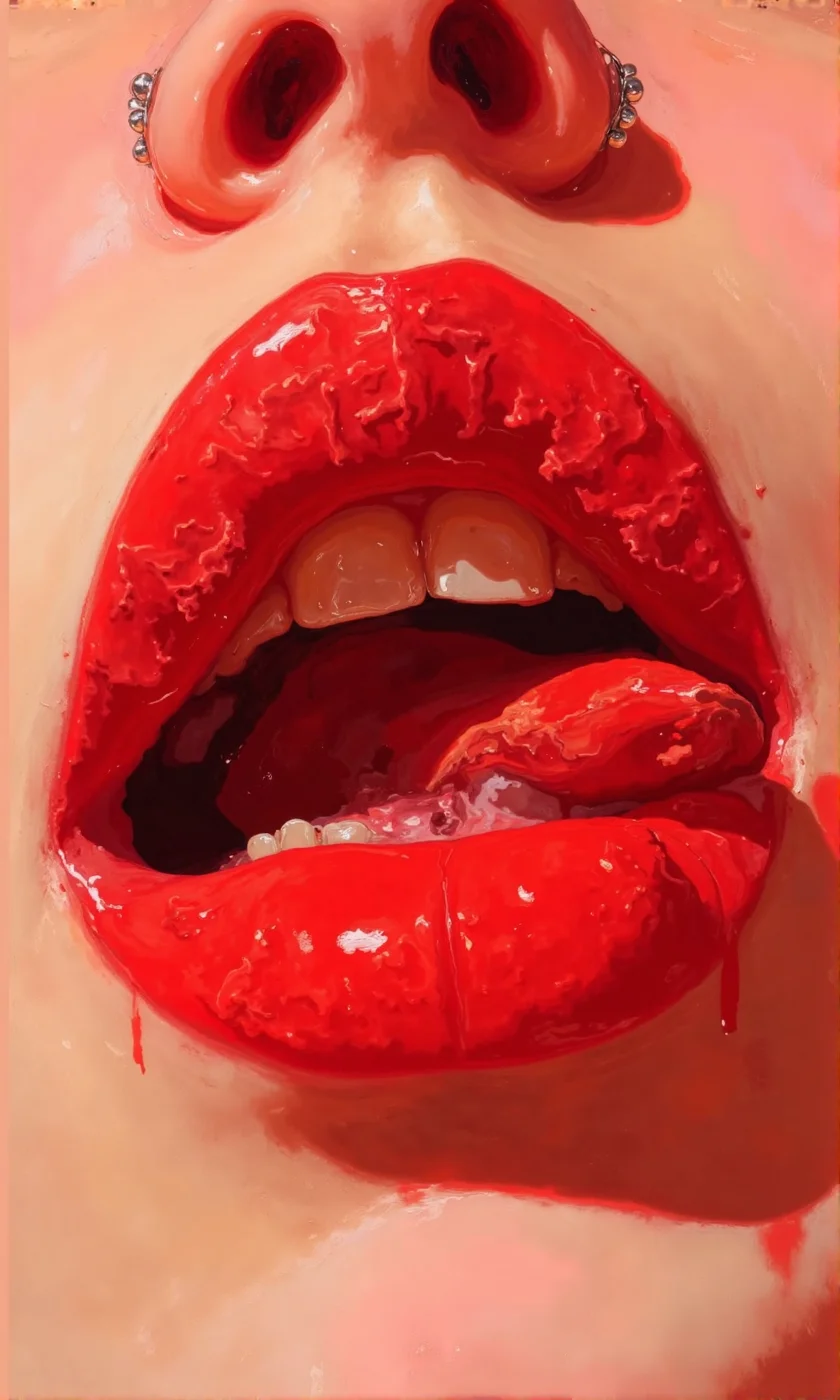 Close-up of a person's lips and tongue. 
The lips are a vibrant, glossy red, with a textured appearance that suggests a slightly uneven or "painted-on" application.  The texture seems to be intentional stylistic choice not an imperfection. 
The tongue is also a vibrant, reddish hue, and it's partially extended out of the mouth, with some slight variations in shade suggesting different light and shadow areas. 
Teeth are visible, white and appear clean, within the parted lips. 
The skin tone around the mouth is a light peachy, neutral color. 
A pair of silver or pearl-colored double-earrings are visible just above the upper lip., <lora:FLUX-daubrez-DB4RZ-v2:1> DB4RZ, DB4RZ style painting