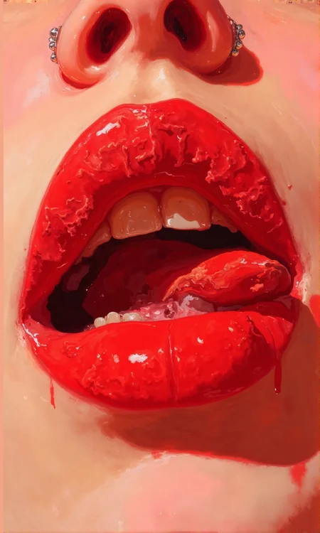 Close-up of a person's lips and tongue. 
The lips are a vibrant, glossy red, with a textured appearance that suggests a slightly uneven or "painted-on" application.  The texture seems to be intentional stylistic choice not an imperfection. 
The tongue is also a vibrant, reddish hue, and it's partially extended out of the mouth, with some slight variations in shade suggesting different light and shadow areas. 
Teeth are visible, white and appear clean, within the parted lips. 
The skin tone around the mouth is a light peachy, neutral color. 
A pair of silver or pearl-colored double-earrings are visible just above the upper lip., <lora:FLUX-daubrez-DB4RZ-v2:1> DB4RZ, DB4RZ style painting