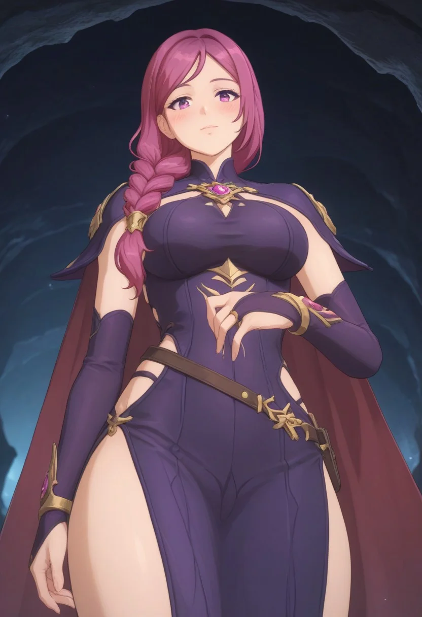 (score_9), (score_8_up), (score_7_up), (masterpiece), (best quality), (highly detailed), ((perfect face)), ((perfecteyes)), ((expressive face)), 2d, anime, 1girl, solo, han_se-mi, large breasts, long hair, braid, purple hair, hair over shoulder, purple eyes, dress, bridal gauntlets, cape, cave, cowboy shot, from below, standing, dim lit, magic, (((Expressiveh))), blushing,