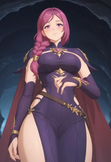 (score_9), (score_8_up), (score_7_up), (masterpiece), (best quality), (highly detailed), ((perfect face)), ((perfecteyes)), ((expressive face)), 2d, anime, 1girl, solo, han_se-mi, large breasts, long hair, braid, purple hair, hair over shoulder, purple eyes, dress, bridal gauntlets, cape, cave, cowboy shot, from below, standing, dim lit, magic, (((Expressiveh))), blushing,