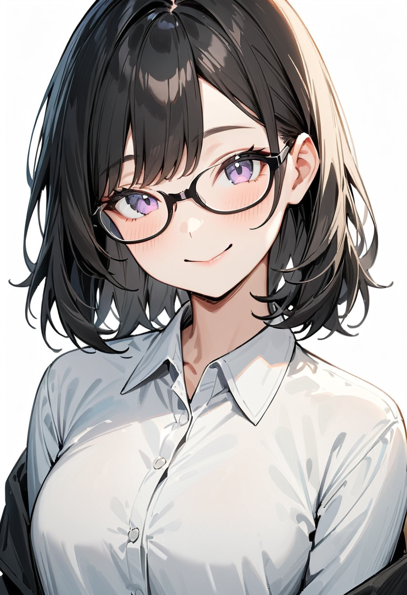 masterpiece, best quality, very aesthetic, absurdres,
1girl, solo, underrim_cell, glasses, black hair, medium hair, smile, looking at viewer, upper body, collared shirt, black framed eyewear,
white background, simple background,
<lora:under_rim_glasses_cell-frame_SDXL_V1:0.4>