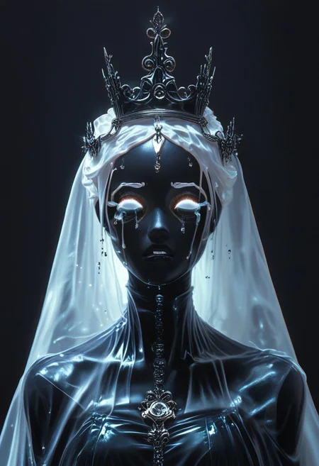score_9, score_8_up, score_7_up, BREAK, The image is a high-resolution photograph of a face, taken in a surreal style. body is covered with a black translucent fabric that drapes over her shoulders, ghostly, ethereal effect, contrasts sharply with the black skin and the black film, white tears, crying, wearing a crown of thorne, black background,ctdrm,dreamy