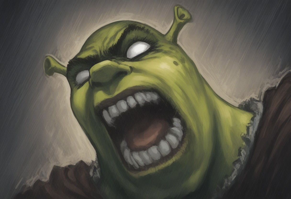 score_9, score_8_up, score_7_up, portrait, beautiful, dramatic lights , blank eyes, dontstarvestyle, BREAK, 1boy, shrek, green skin, berserkscream. griffithscream. open mouth. teeth. scream. screaming..