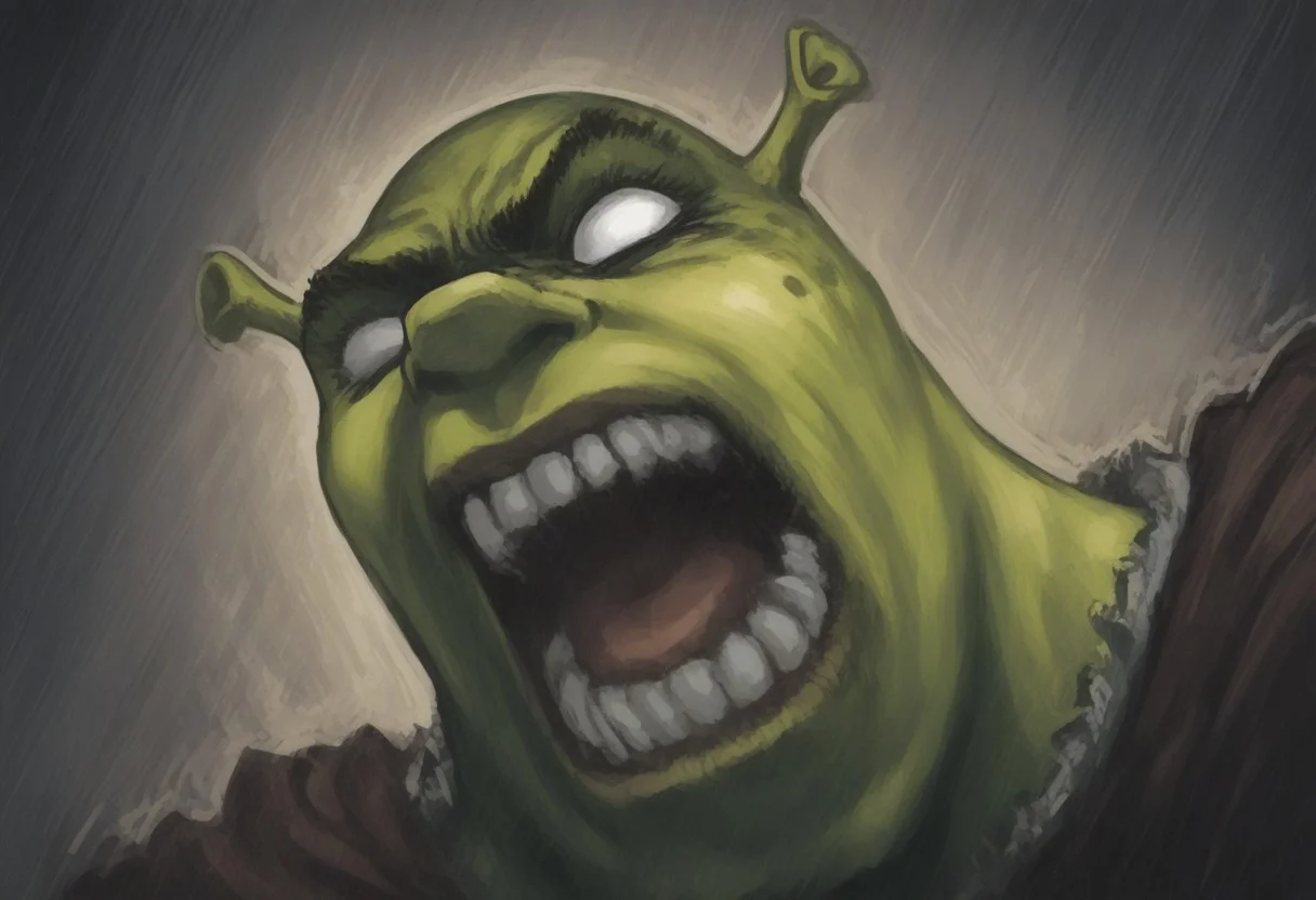 score_9, score_8_up, score_7_up, portrait, beautiful, dramatic lights , blank eyes, dontstarvestyle, BREAK, 1boy, shrek, green skin, berserkscream. griffithscream. open mouth. teeth. scream. screaming..