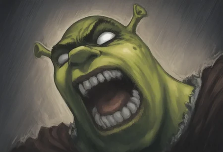 score_9, score_8_up, score_7_up, portrait, beautiful, dramatic lights , blank eyes, dontstarvestyle, BREAK, 1boy, shrek, green skin, berserkscream. griffithscream. open mouth. teeth. scream. screaming..