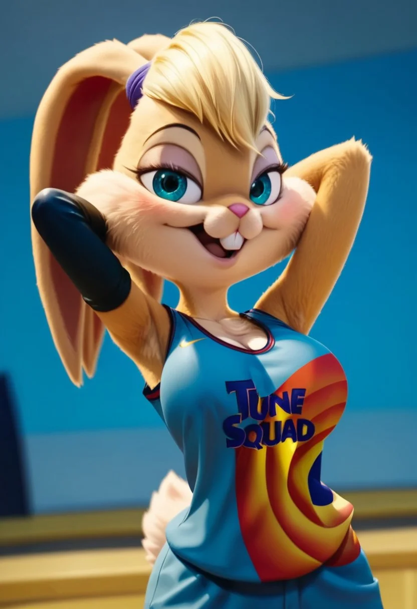 score_9, score_8_up, score_7_up, Expressiveh, masterpiece, best quality, highly detailed, realistic, 1girl, solo, (LBSJ2, furry, anthro, lagomorph, bunny, blonde hair, short hair, ears ties back, aqua eyes, black eyebrows, thin eyebrows, pink nose, orange body, orange fur, tan body, tan fur, two tone body, two tone fur, buckteeth, clothed, blue topwear, basketball jersey, black armwear, blue short shorts, blue bottomwear), upper body, blue background, simple background, open mouth, smile, tongue, purple hair tie, looking at viewer, standing, bedroom eyes, (ultra realistic, 32k, masterpiece:1.2), (high detailed skin:1.1), (high quality:1.1), bokeh, ((hands behind head)), (big breasts, cleavage), low-angle view