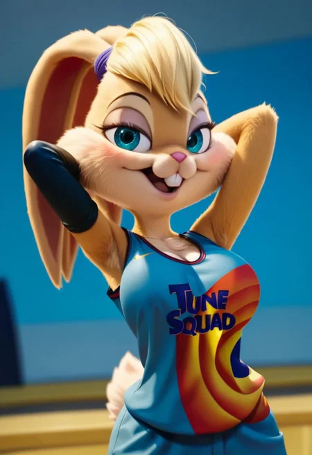 score_9, score_8_up, score_7_up, Expressiveh, masterpiece, best quality, highly detailed, realistic,  1girl, solo, (LBSJ2, furry, anthro, lagomorph, bunny, blonde hair, short hair, ears ties back, aqua eyes, black eyebrows, thin eyebrows, pink nose, orange body, orange fur, tan body, tan fur, two tone body, two tone fur, buckteeth, clothed, blue topwear, basketball jersey, black armwear, blue short shorts, blue bottomwear), upper body, blue background, simple background, open mouth, smile, tongue, purple hair tie, looking at viewer, standing, bedroom eyes, (ultra realistic, 32k, masterpiece:1.2), (high detailed skin:1.1), (high quality:1.1), bokeh, ((hands behind head)), (big breasts, cleavage), low-angle view