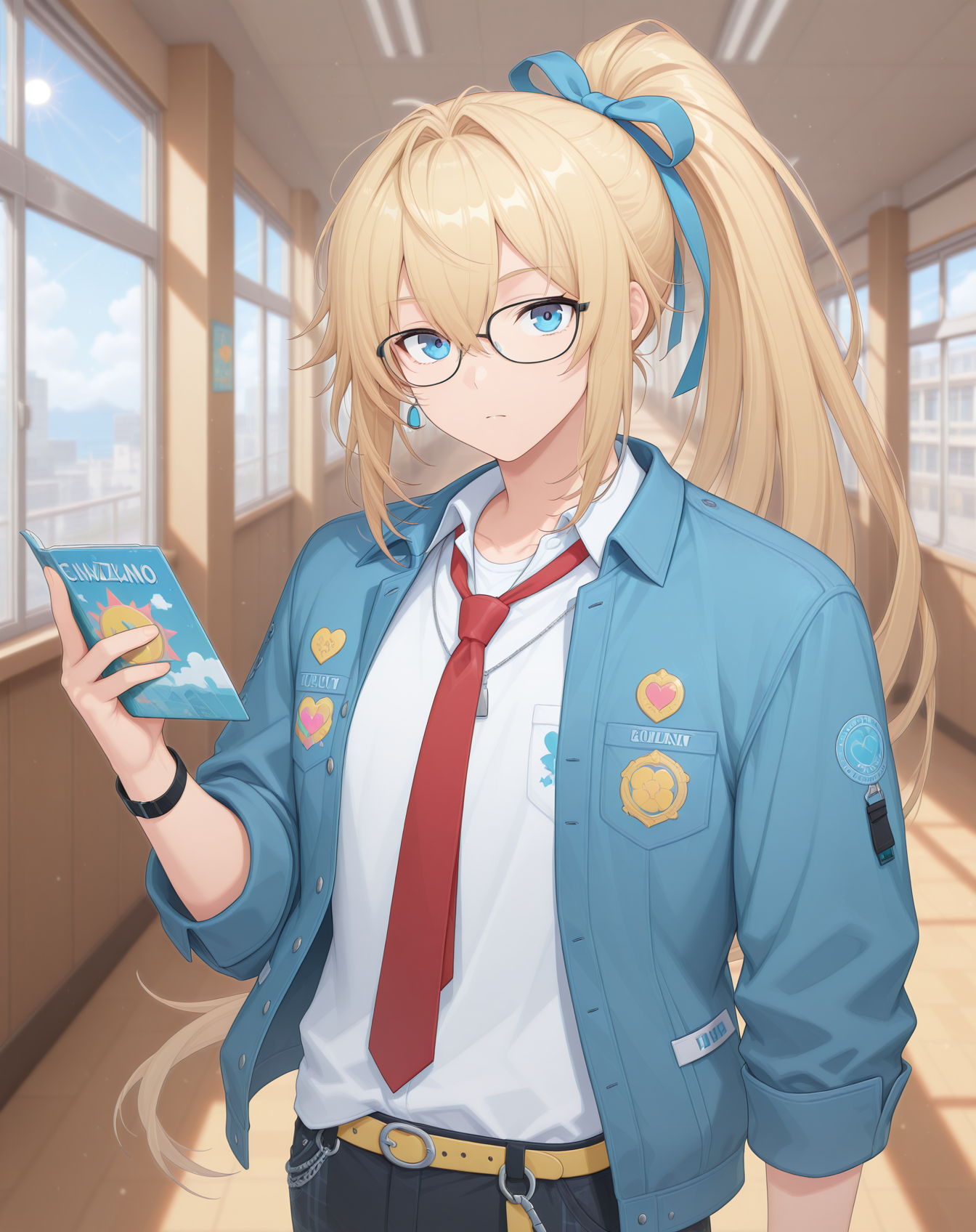 masterpiece,best quality,amazing quality, newest, very aesthetic, absurdres,
1boy, solo, yaoi, male focus, looking at viewer, cowboy shot,
 <lora:Grandiel_Commentator_ilxl:1> grandielcommentator, blonde hair, blue eyes, glasses, high ponytail, black-framed eyewear, hair between eyes, sidelocks, hair intakes,
school uniform, white shirt, collared shirt, blue jacket, red necktie, black pants, plaid pants,
indoors, school, hallway, window, day, sun,