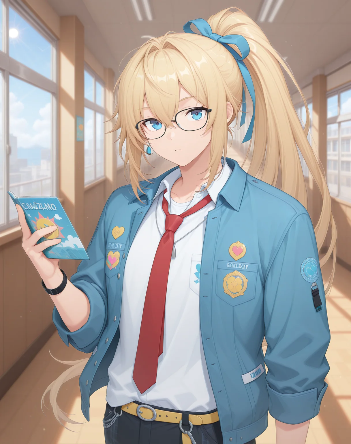 masterpiece,best quality,amazing quality, newest, very aesthetic, absurdres,
1boy, solo, yaoi, male focus, looking at viewer, cowboy shot,
<lora:Grandiel_Commentator_ilxl:1> grandielcommentator, blonde hair, blue eyes, glasses, high ponytail, black-framed eyewear, hair between eyes, sidelocks, hair intakes,
school uniform, white shirt, collared shirt, blue jacket, red necktie, black pants, plaid pants,
indoors, school, hallway, window, day, sun,