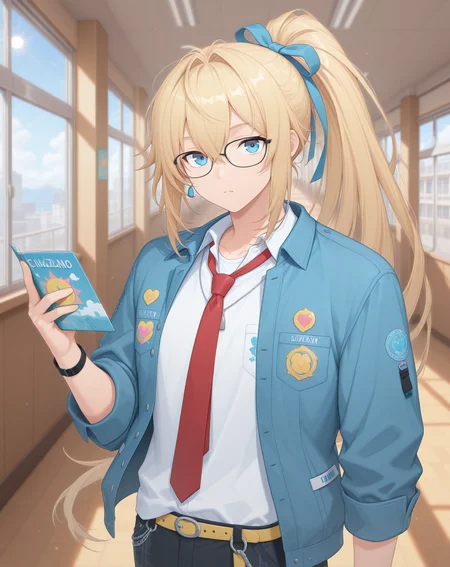 masterpiece,best quality,amazing quality, newest, very aesthetic, absurdres,
1boy, solo, yaoi, male focus, looking at viewer, cowboy shot,
<lora:Grandiel_Commentator_ilxl:1> grandielcommentator, blonde hair, blue eyes, glasses, high ponytail, black-framed eyewear, hair between eyes, sidelocks, hair intakes,
school uniform, white shirt, collared shirt, blue jacket, red necktie, black pants, plaid pants,
indoors, school, hallway, window, day, sun,
