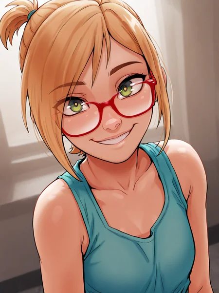 (masterpiece,best quality,newest,absurdres,highres), D4rcy,  1girl, solo, short hair, bangs, blonde hair, green eyes, red-framed eyewear, smile, looking at viewer  <lora:Darcy_Redd_IllustriousXL:1>