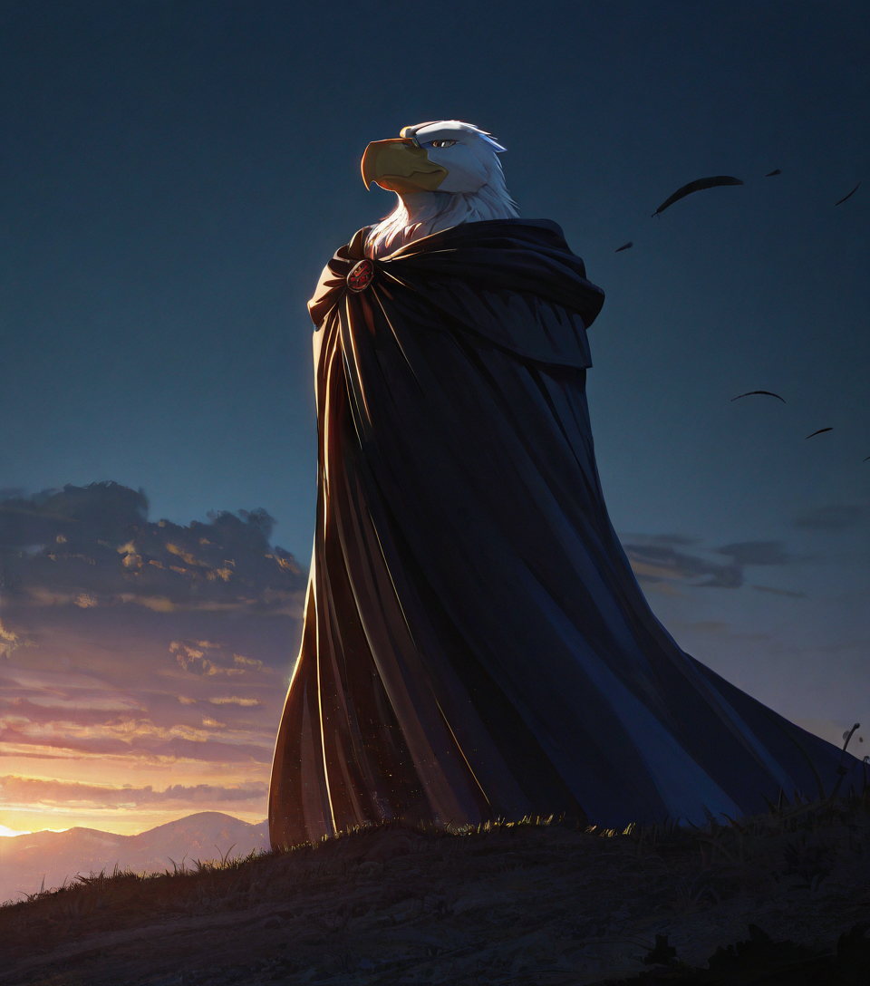 masterpiece, best quality, newest, absurdres, highres, furry, perfect anatomy, 
8K, In'ei, chiaroscuro, volumetric lighting, 
<lora:Adlerian_(Illustrious)_(AD):0.85> Adlerian, eagle, Adleria, 
soft detailed anime background, exterior, scenery, soft detailed anime clouds, 
perfect proportions, soft kemono style detailed feather body, armored, warrior, 
EZRealPONYXL, zPDXL, Smooth Quality,