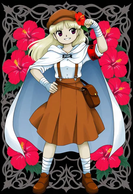 watercolor, aesthetic, colorful, jaggy lines, zun \(style\), BREAK, 1girl, solo, (short, broad shoulders, (muscular:1.3), (purple_eyes:1.2), light blonde hair, long hair, bangs, newsboy cap, (Spider hibiscus, flower in hair), (red_armband:1.1), white button up shirt, tucked, rolled sleeves, skirt, white cloak, hood, hood down, white leg wraps, leg wraps, hand wraps, brown suspenders, brown satchel, brown footwear, brown headwear, brown skirt), full body, smiling, grin, confident, flexing arm, one arm up, one arm on hip, standing, floral background, Spider hibiscus background