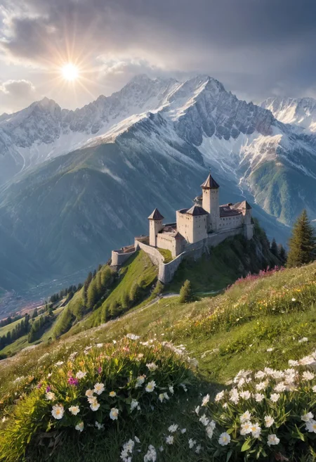 alpine landscape, gloomy old fortress on the slopes of the mountains, flowers and sun, snow-capped mountain peaks in the background, pastoral, detailed drawing, liner, backlight, delicate colors.
