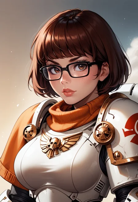 (score_9, score_8_up, score_7_up),rating safe,best quality, ultra highres,(((upper body))), kawai face, smooth skin, perfect face, perfect body, perfect hands,
, detailed eyes,
velma dinkley, scooby-doo, 1girl, lips, brown eyes, glasses, black-framed eyewear, brown hair, short hair, large breasts, freckles,
WhiteS40k, <lora:PonyWhiteS40K:0.8>,power armor,
, armor, full armor, no helmet,